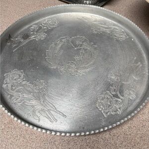 Large Elegant Vintage Hand Wrought Aluminum Tray with beautiful flowers etched.
